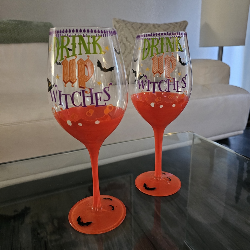 Rare Vintage Pier 1 "Drink Up Witches" Set of 2 Wine Glasses